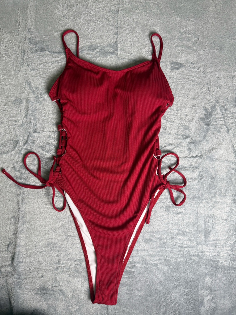Women’s  Ribbed Tie-Side One-Piece Swimsuit in Burgundy Red Medium